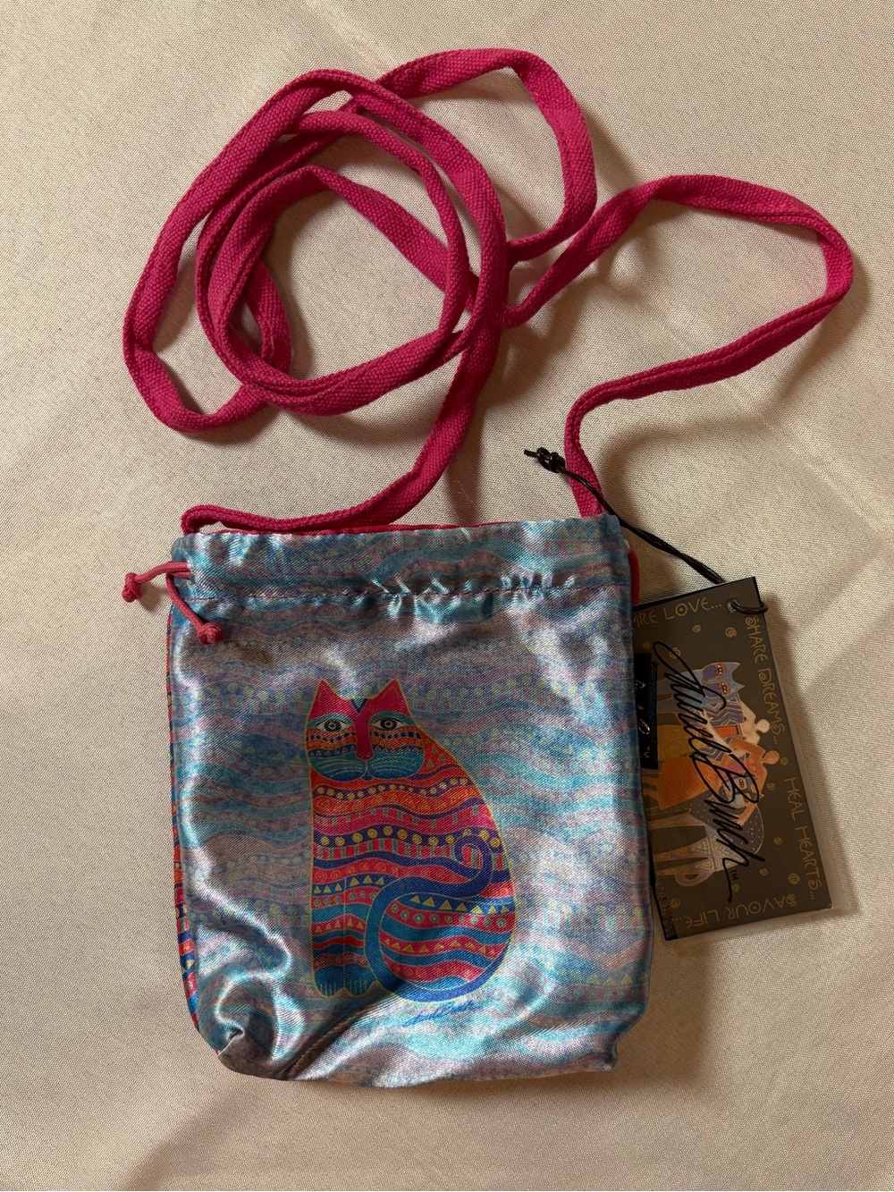 Laurel Burch Cat Drawstring Crossbody Bag - Pink Strap